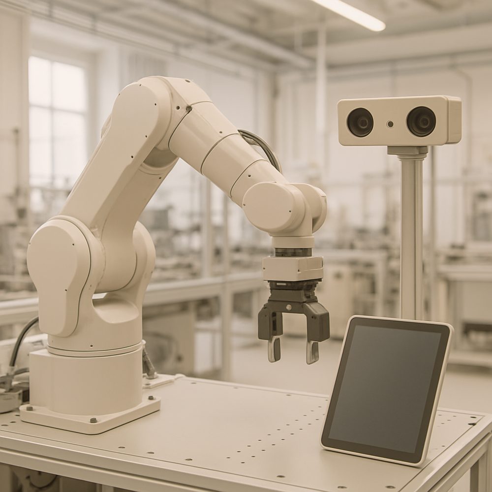 産業用ロボットと3Dカメラを確認する技術スタッフ